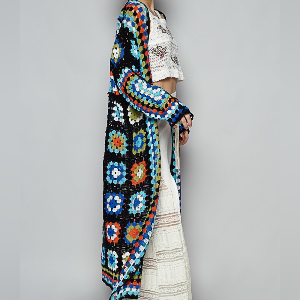 788. POL NEW MULTICOLOR CROCHET CARDIGAN SWEATER DUSTER black boho bohemian